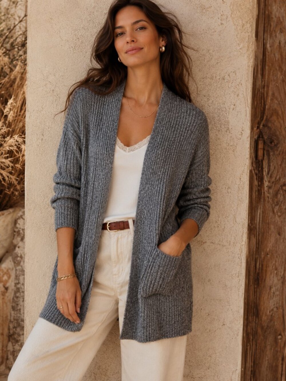 Market & Spruce Cardigan XL Gray Ribbed Open Front Long Cozy Pockets Stitch Fix